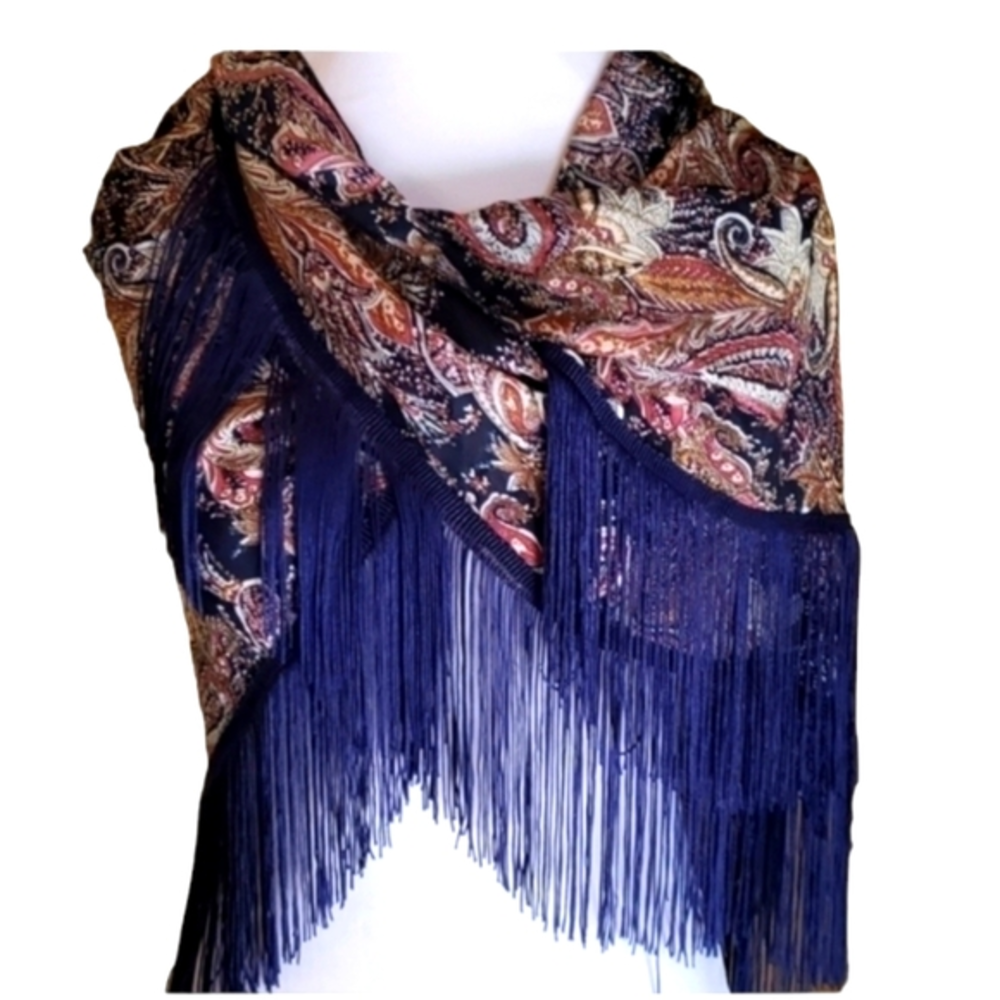 Gorgeous Navy Rust Cream Paisley Scarf w/ Navy Blue Long Fringe